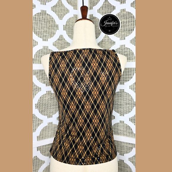 Express NWT Black/Gold/Brown Argyle Sequin Shimmer Tank Top Size Medium - Picture 10 of 13